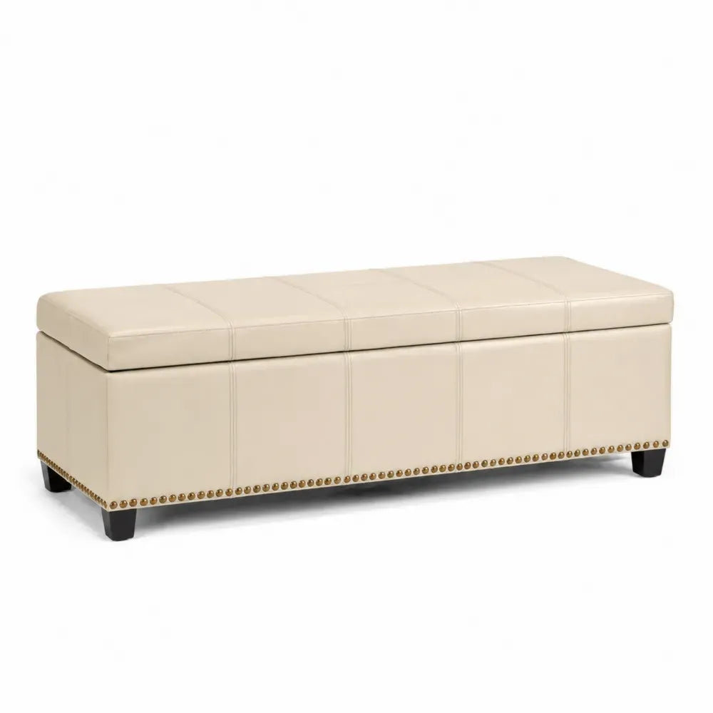 Schlafzimmerbank Sitzbank mit Stauraum aus PU-Kunstleder und MDF rechteckig Creme Schwarz Messingfarben L 160 x B 45 x H 45 cm