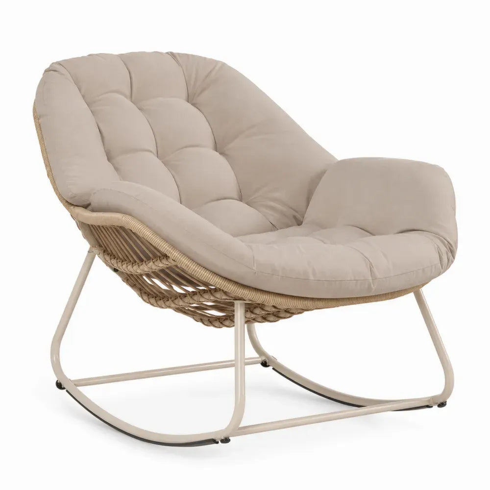 Garten Loungesessel Schaukelsessel mit Kissen aus PE-Rattan und Stahl Beige Natur Creme Schwarz 105 x 95 x 90 cm