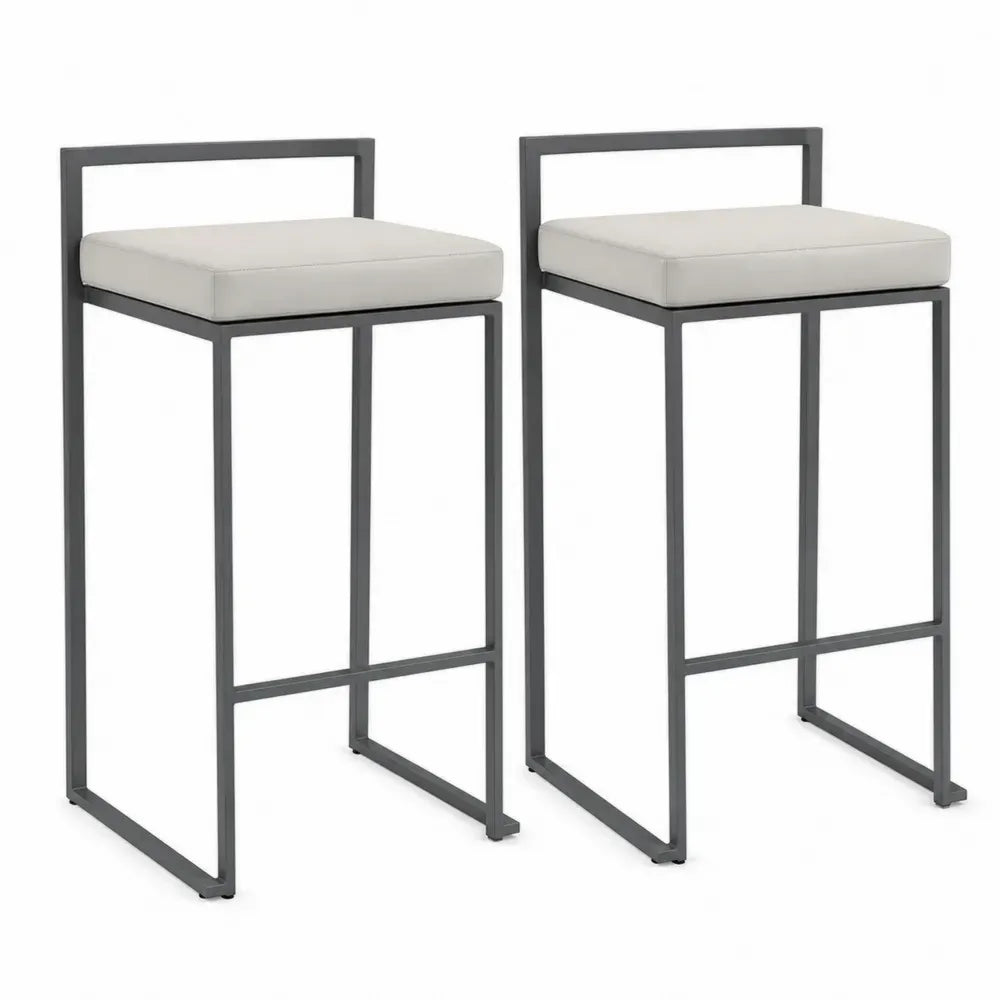 2er Set Barhocker gepolstert mit niedriger Rückenlehne PU-Kunstleder Stahl Creme Dunkelgrau 42 x 47 x 92 cm