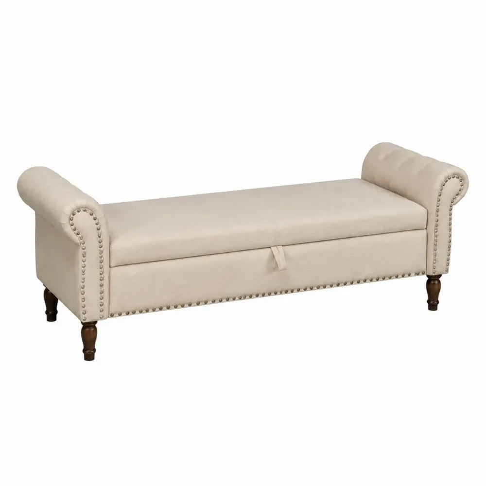Schlafzimmerbank Sitzbank mit Stauraum und Rollenarmlehnen aus Polyestergewebe und Kautschukholz rechteckig Beige Braun Bronzefarben L 140 x B 45 x H 60 cm