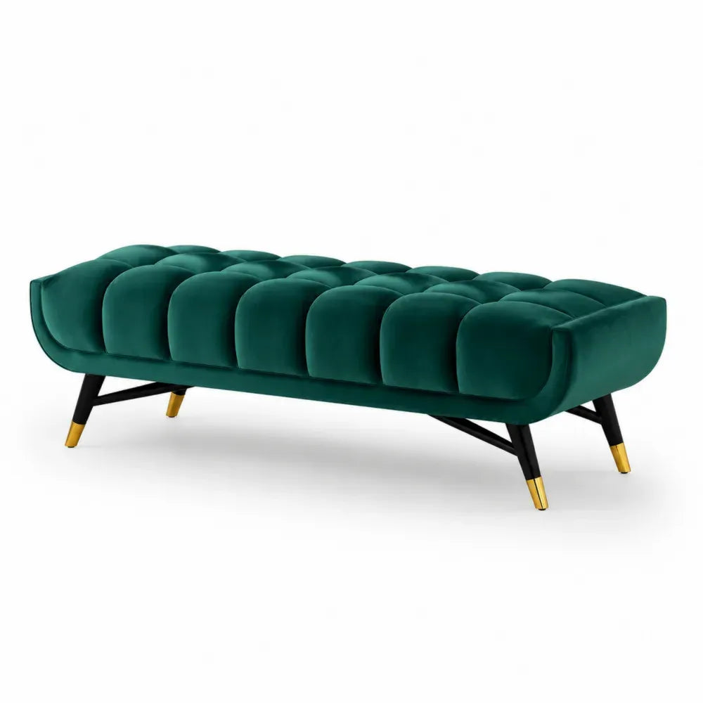 Schlafzimmerbank Polsterbank mit Kassettensteppung aus Polyester-Samtgewebe und Stahl rechteckig Dunkelgrün Schwarz Goldfarben L 140 x B 45 x H 45 cm