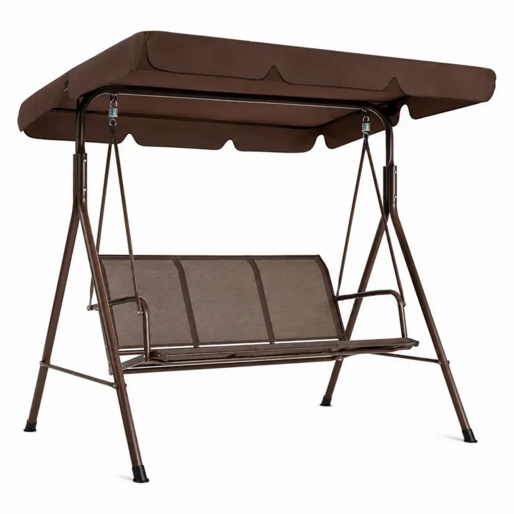 Gartenschaukel 3-Sitzer mit Dach aus pulverbeschichtetem Stahlrohr und Polyestergewebe Braun Schwarz Silberfarben 170 x 110 x 153 cm