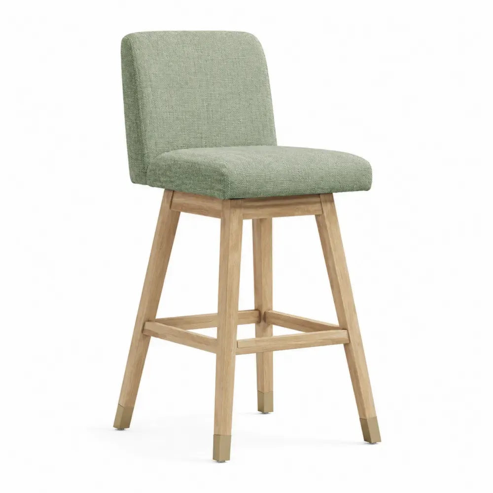 Barhocker mit Rückenlehne gepolstert Polyestergewebe Kautschukholz Salbeigrün Naturholzfarben Messingfarben 50 x 52 x 106 cm
