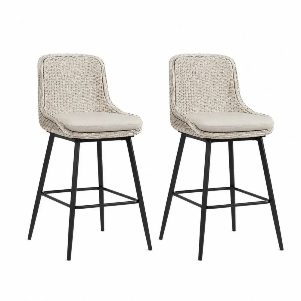 2er Set Barhocker mit Rückenlehne und Sitzkissen PE-Rattan Stahl Beige Schwarz 50 x 53 x 103 cm