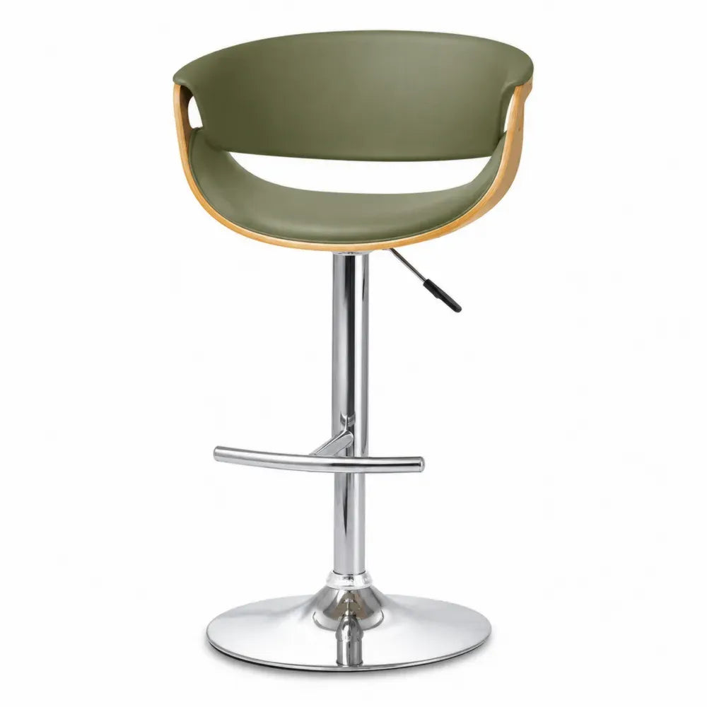 Barhocker höhenverstellbar drehbar mit Rückenlehne PU-Kunstleder verchromter Stahl Olivgrün Naturholzfarben Chromfarben 52 x 50 x 85-106 cm