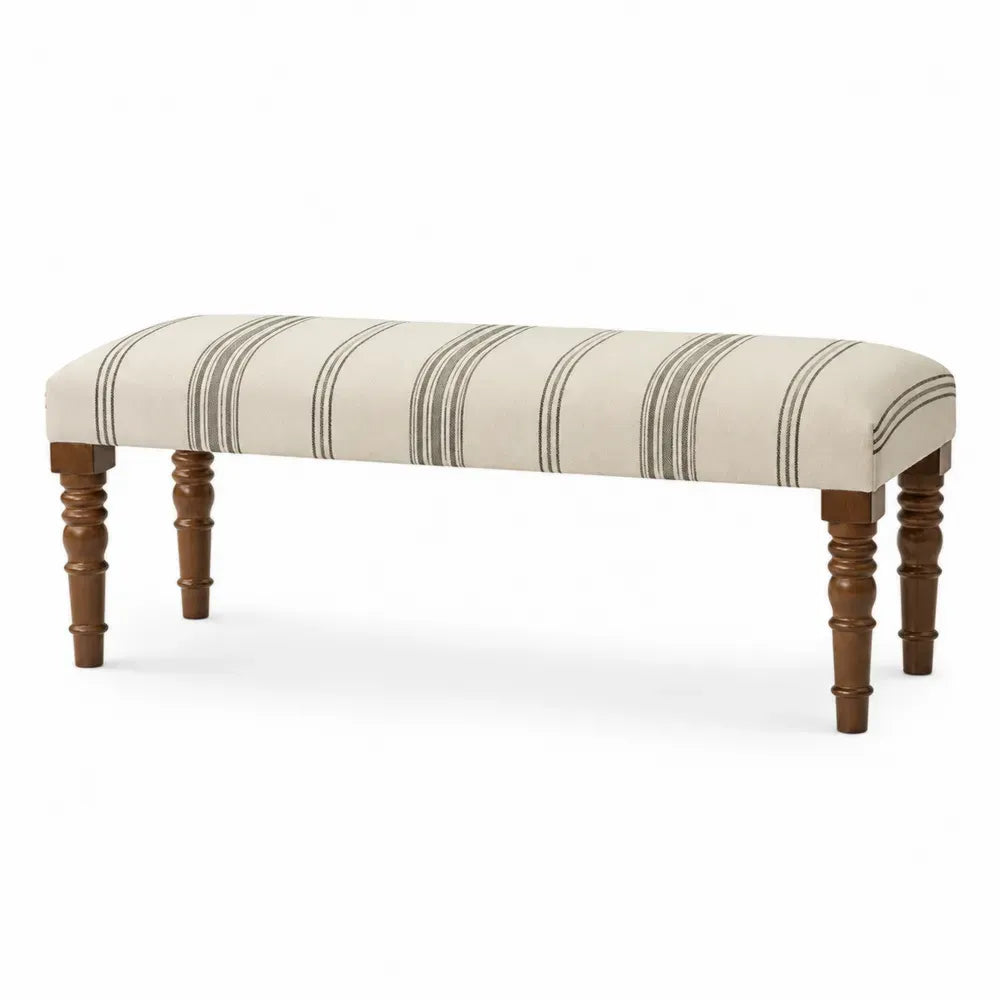 Schlafzimmerbank Sitzbank gepolstert mit Streifenmuster aus Polyestergewebe und massivem Gummibaumholz rechteckig Creme Grau Braun L 120 x B 40 x H 45 cm