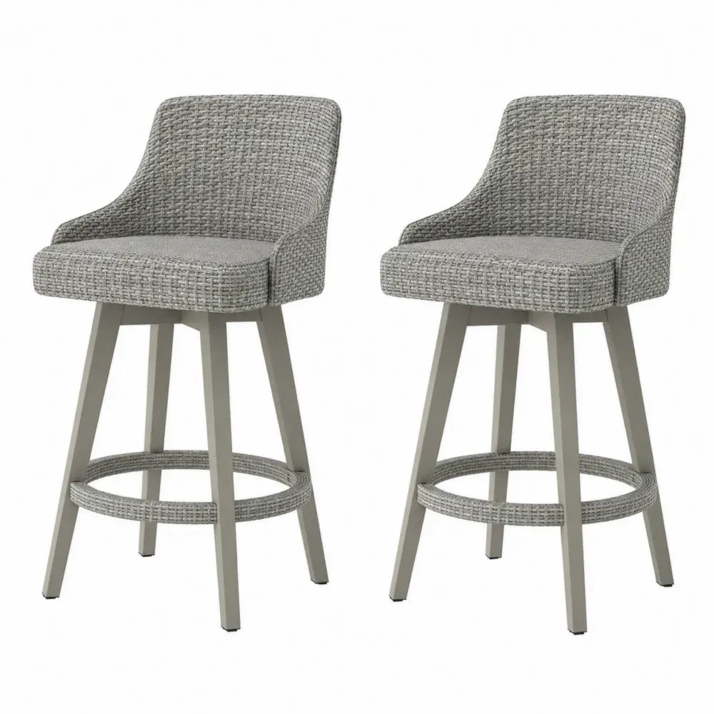 2er Set Barhocker mit Rückenlehne PE-Rattan Aluminium Stahl Grau Greige 55 x 56 x 99 cm