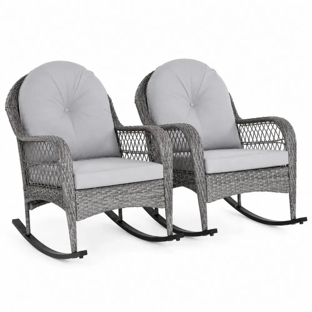 2er Set Garten Schaukelstühle mit Kissen aus PE-Geflecht und Stahl Grau Hellgrau Schwarz 67 x 82 x 90 cm