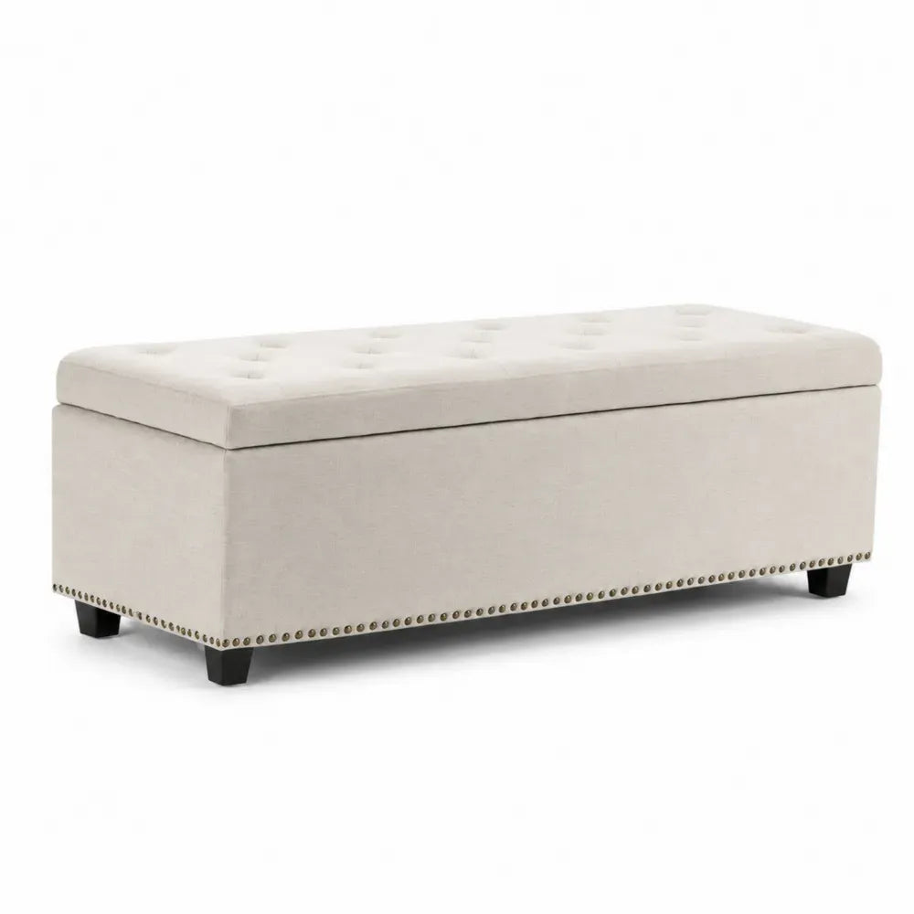 Schlafzimmerbank Sitzbank mit Stauraum und Knopfheftung aus Polyestergewebe und MDF rechteckig Beige Schwarz Bronzefarben L 120 x B 40 x H 45 cm